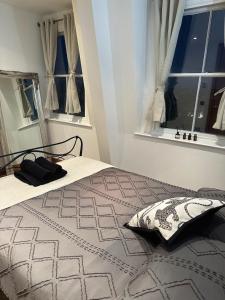 een slaapkamer met een bed met een kussen en ramen bij The Imperial Beachfront Penthouse Suite in Margate