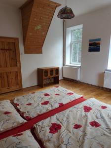 une chambre avec un grand lit avec des fleurs rouges dessus dans l'établissement Apartmán Bára, à Tanvald