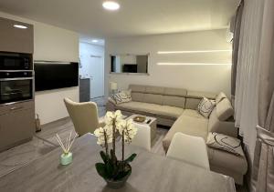 een woonkamer met een bank en een tafel bij Centar Posušje Jednosobni stan in Posušje