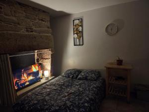 een slaapkamer met een bed en een open haard bij Calm and central apartment in Quimper