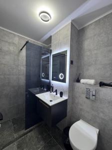 a bathroom with a white toilet and a sink at Grey Serenity in Brăila +4 photos