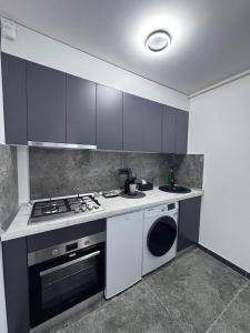 a kitchen with a stove and a washing machine at Grey Serenity in Brăila