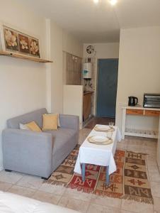 een woonkamer met een bank en een tafel bij Paseo Aldrey in Mar del Plata