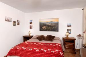 a bedroom with a bed with a red blanket at LA GROTTA Guest House Subiaco in Subiaco
