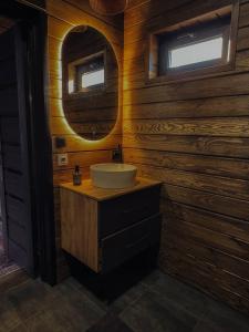 a bathroom with a sink and a mirror at Aframe Shepit in Sosnovka