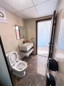 un bagno con un water, un lavandino e una vasca di Sunrise Luxury Camp a Wadi Rum