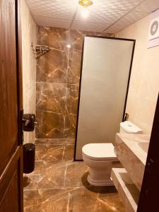 a bathroom with a toilet and a shower at Sunrise Luxury Camp in Wadi Rum