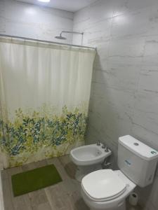 a bathroom with a toilet and a shower curtain at Moderno DEPARTAMENTO temporal SAN JORGE in San Jorge