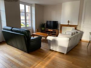 ein Wohnzimmer mit zwei Stühlen und einer Couch und einem Fernseher in der Unterkunft maison de ville dans le perche in Senonches