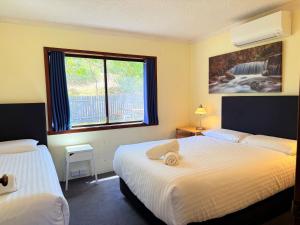 a bedroom with two beds and a window at Leski Club in Jindabyne