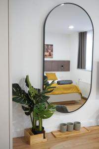 a mirror in a bedroom with a bed and a plant at Gostisce Ulipi in Slovenske Konjice