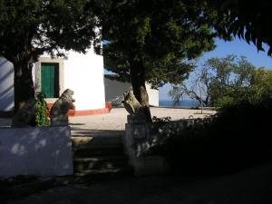 two statues of cats in front of a building at Quinta de Sao Filipe in Setúbal