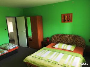 ein grünes Schlafzimmer mit einem Bett und einem Spiegel in der Unterkunft Penzion Fáfa in Rozvadov