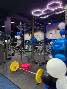 une salle de sport avec plein d'équipements et de ballons dans l'établissement Luxury Sky Group Double Bedroom Apartment with Gym & 2 Pools, à Paramaribo