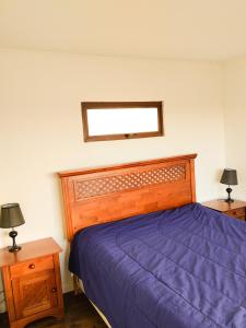 een slaapkamer met een bed met paarse lakens en 2 lampen bij Cabañas la boca 3 in La Boca