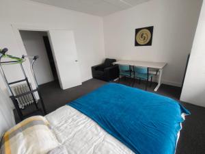 een slaapkamer met een bed, een bureau en een tafel bij Cosy Thorndon Room in Wellington in Wellington