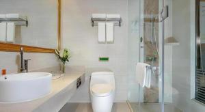 a bathroom with a toilet and a sink and a shower at Vienna Hotel Chengdu University of Pertroleum Metro Station in Chengdu +102 photos