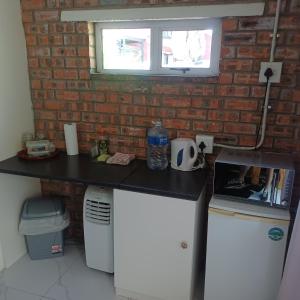 een keuken met een aanrecht en een bakstenen muur bij Linga longa corner flat in Beaufort West