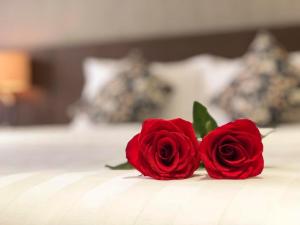 two red roses sitting on top of a bed at Golden Queen Aparthotel in Ho Chi Minh City