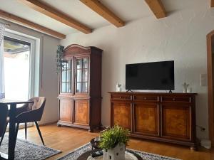 uma sala de estar com uma TV de tela plana na parede em MPK Motorsport Apartment em Waldsassen