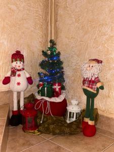 Kwatery u Malika-blisko do term Szaflary i Gorący Potok-rabaty في شافلاري: مجموعة من زينة عيد الميلاد على جدار مع شجرة عيد الميلاد