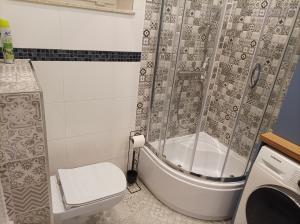 a bathroom with a toilet and a shower curtain at Domek nad potokiem in Tylicz