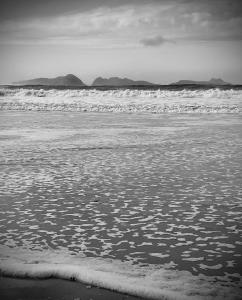 una foto in bianco e nero di una spiaggia con le onde di TAKE Arena a Nigrán