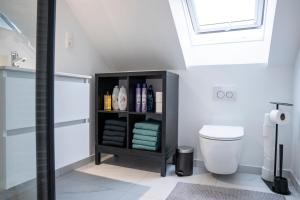 a bathroom with a toilet and a shelf with towels at Apartment - 3 guests in Mont-Saint-Guibert +14 photos