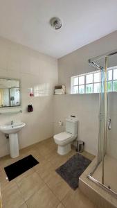 ein Badezimmer mit Toilette, Waschbecken und Dusche in der Unterkunft Velvet Oasis Mbabane in Mbabane
