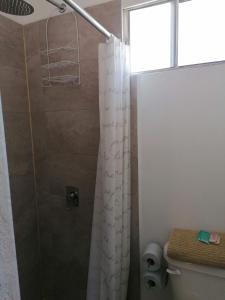 a bathroom with a shower with a shower curtain at Casagrande in San José de Malpaso +13 photos