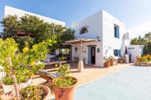 een huis met een binnenplaats met potplanten bij Can Piedrópolis in Cala Saona