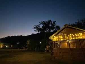 a lit up building with lights on it at night at Dodo's Bamboo Resort in Rāja Māyang +20 photos