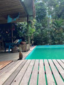 een zwembad met een ananas op een houten terras bij SAVAGE - pousada 