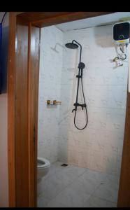 een badkamer met douche en toilet bij Hilltop apartment Ikeja in Agidingbi