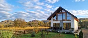 a small house in a field with mountains in the background at Cabana Engadin in Borlova