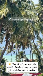 een foto van een strand met palmbomen en een bord bij Pousada Vila Mar Japaratinga in Japaratinga