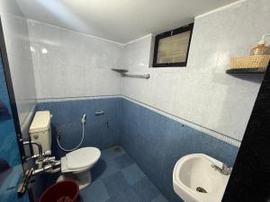 a bathroom with a white toilet and a sink at Trippy Turtle in Arambol