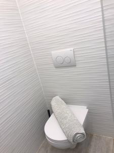 een badkamer met een toilet en een handdoek erop bij Warm'n Fuzzy Studio in Central Sesvete in Sesvete