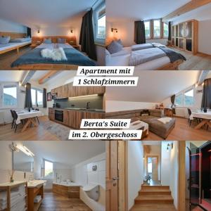 een collage van drie foto's van een slaapkamer en een woonkamer bij Braito's Seaside Lodges und Suites, Ferienhäuser und Ferienwohnungen in Haldensee