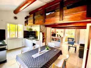 een keuken en woonkamer met een tafel en stoelen bij loft, air conditioning, garden, optional jacuzzi, barbecue in Lunel +18 foto's