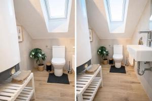 two photos of a bathroom with two toilets and a sink at Ferienwohnung MeDa in Bad Wörishofen