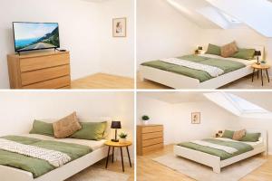 drie foto's van een slaapkamer met twee bedden en een tv bij Ferienwohnung MeDa in Bad Wörishofen