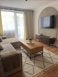 een woonkamer met een grote flatscreen-tv bij Cozy Central View in Reşiţa