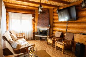 un soggiorno con camino e TV a schermo piatto di Mocearu Retreat 