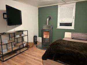 ein Schlafzimmer mit Kamin mit Bett und Fernseher in der Unterkunft Ferienwohnung Donauherz in Stetten