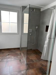 ein Badezimmer mit Dusche mit Glastür in der Unterkunft Ferienwohnung Donauherz in Stetten