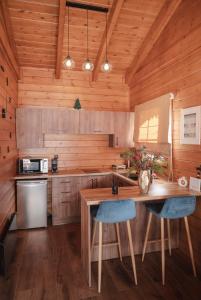 una cucina con pareti in legno e tavolo e sedie in legno di Cave Chalet - Chalet for Two a Eptalofos
