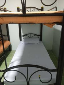 Ein Etagenbett in einem Zimmer mit Etagenbetten, wobei sich das Bett unter einem Regal befindet. in der Unterkunft Sairung Farmstay and Cawboy Krabi in Ban Nua Khlong + 7 Fotos