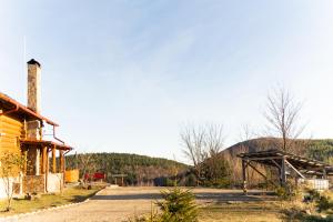 una strada sterrata accanto a una casa con una montagna sullo sfondo di Mocearu Retreat 