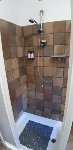 bagno con doccia e parete piastrellata di Dimora degli Gnomi a Tirano